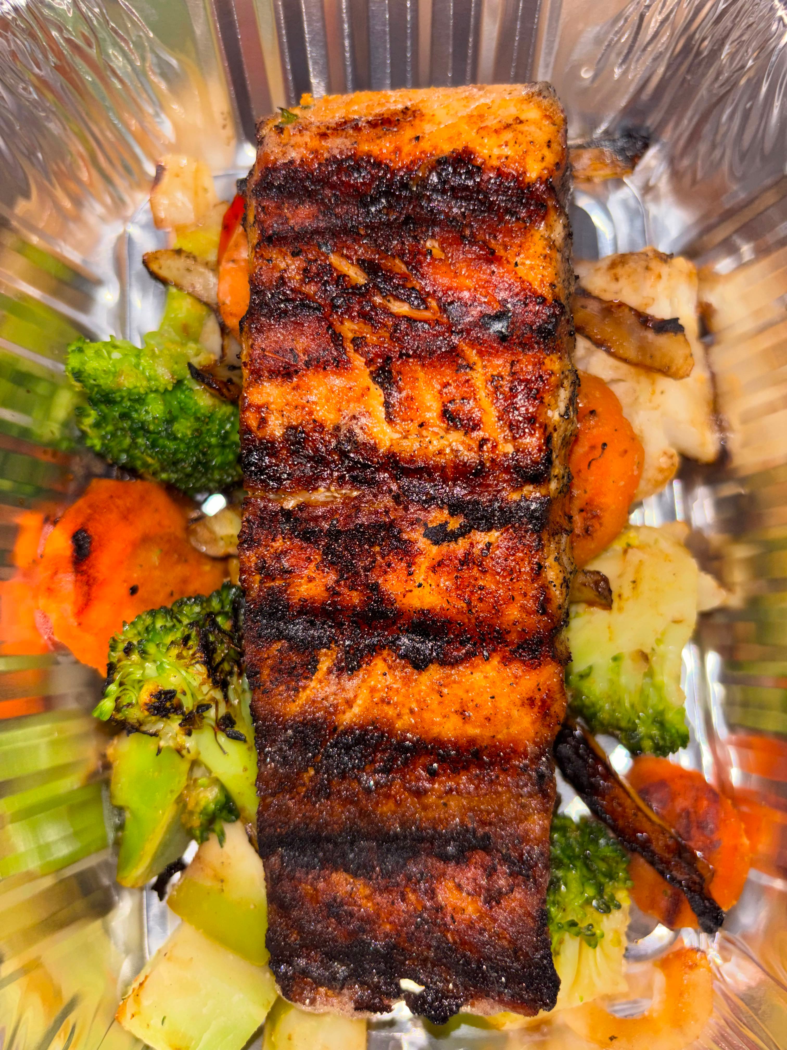 Foundation Lounge Grill 8oz salmon & grill veggies - Contemporary Fusion Brooklyn